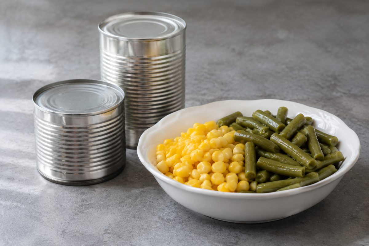 Plain cans beside drained vegetables