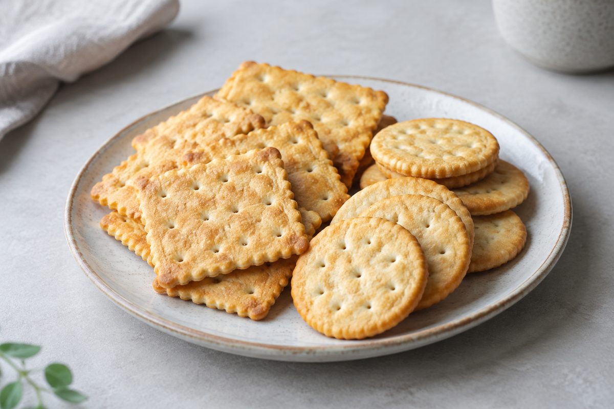 Plain crackers on a ceramic plate