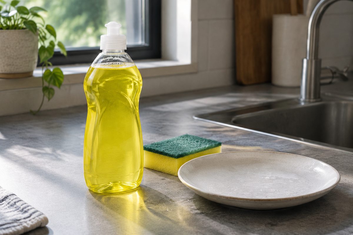 Bottle of dish soap beside a plate