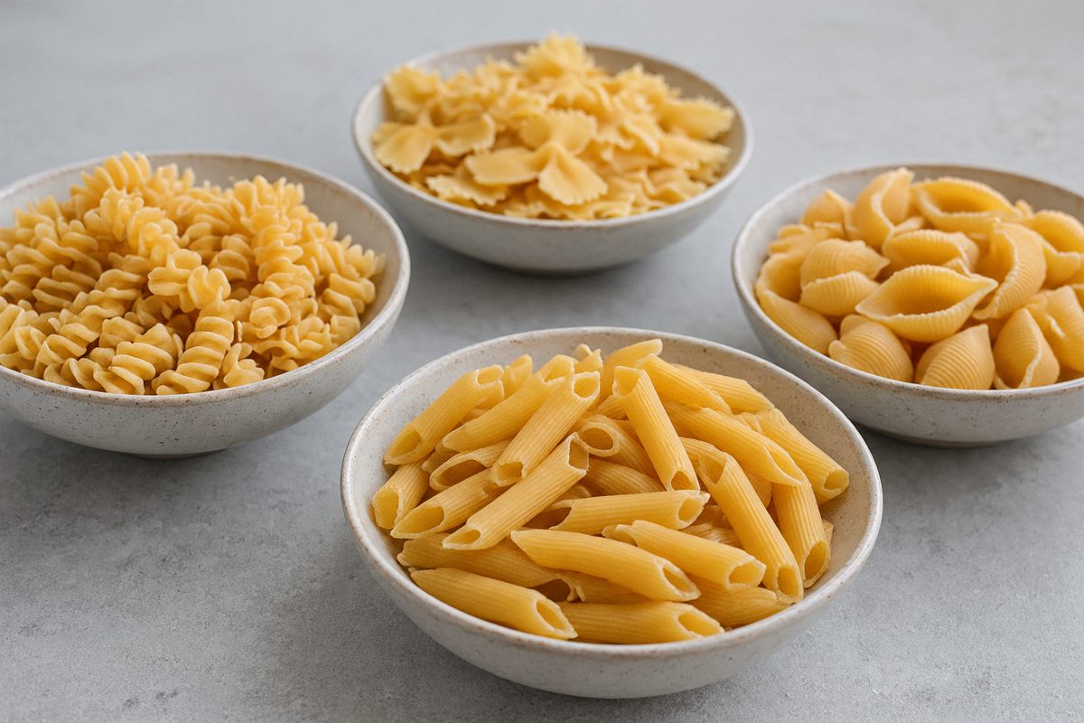 Different dry pasta shapes in bowls
