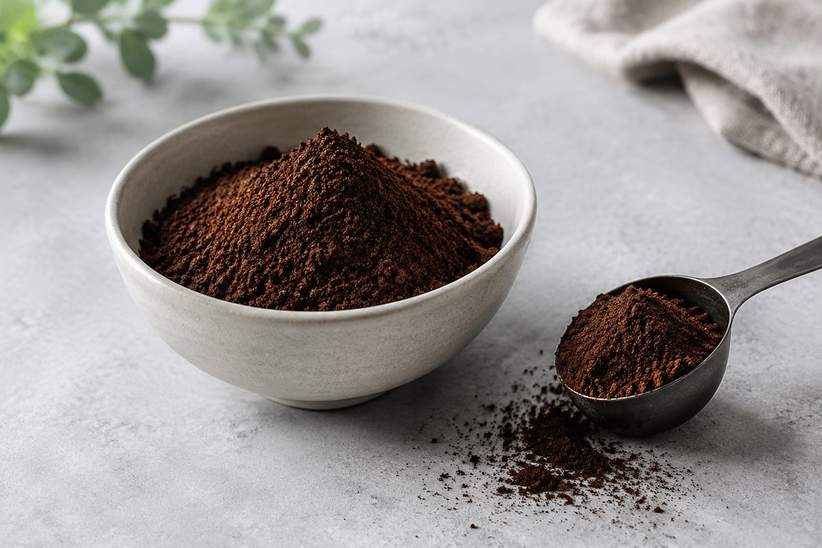 Ground coffee beside a scoop