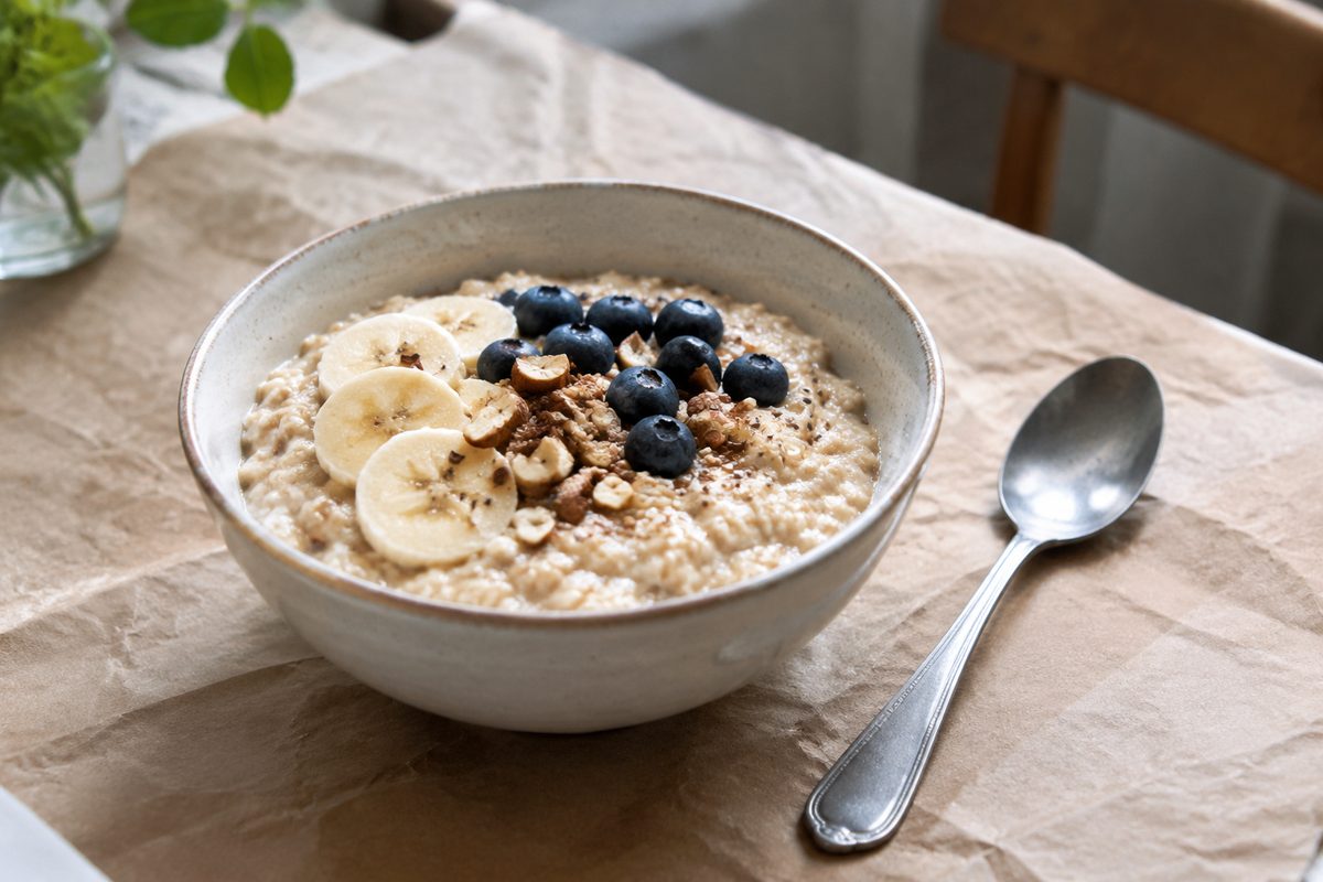 Prepared oats in a breakfast bowl
