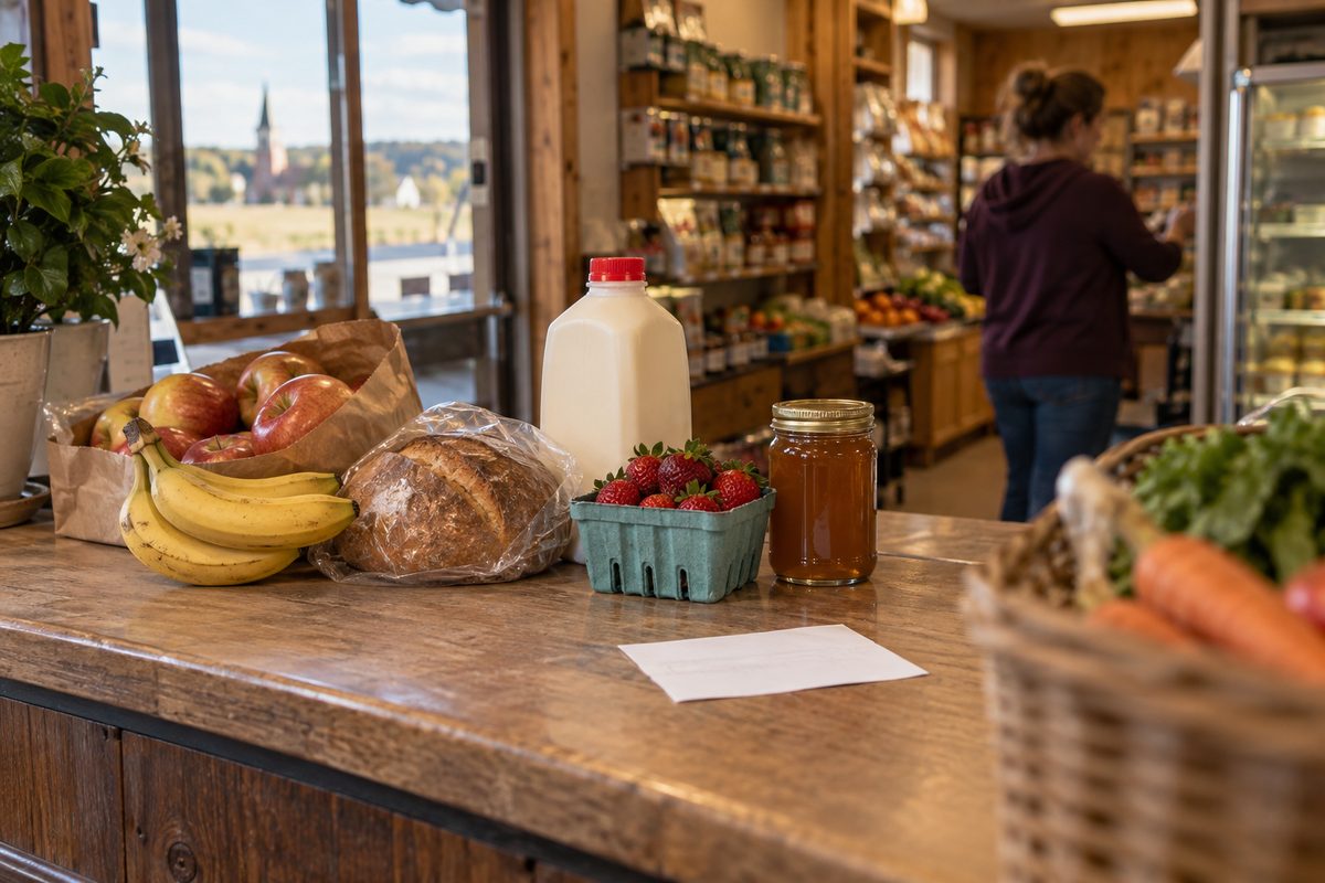Everyday groceries packed in a reusable bag