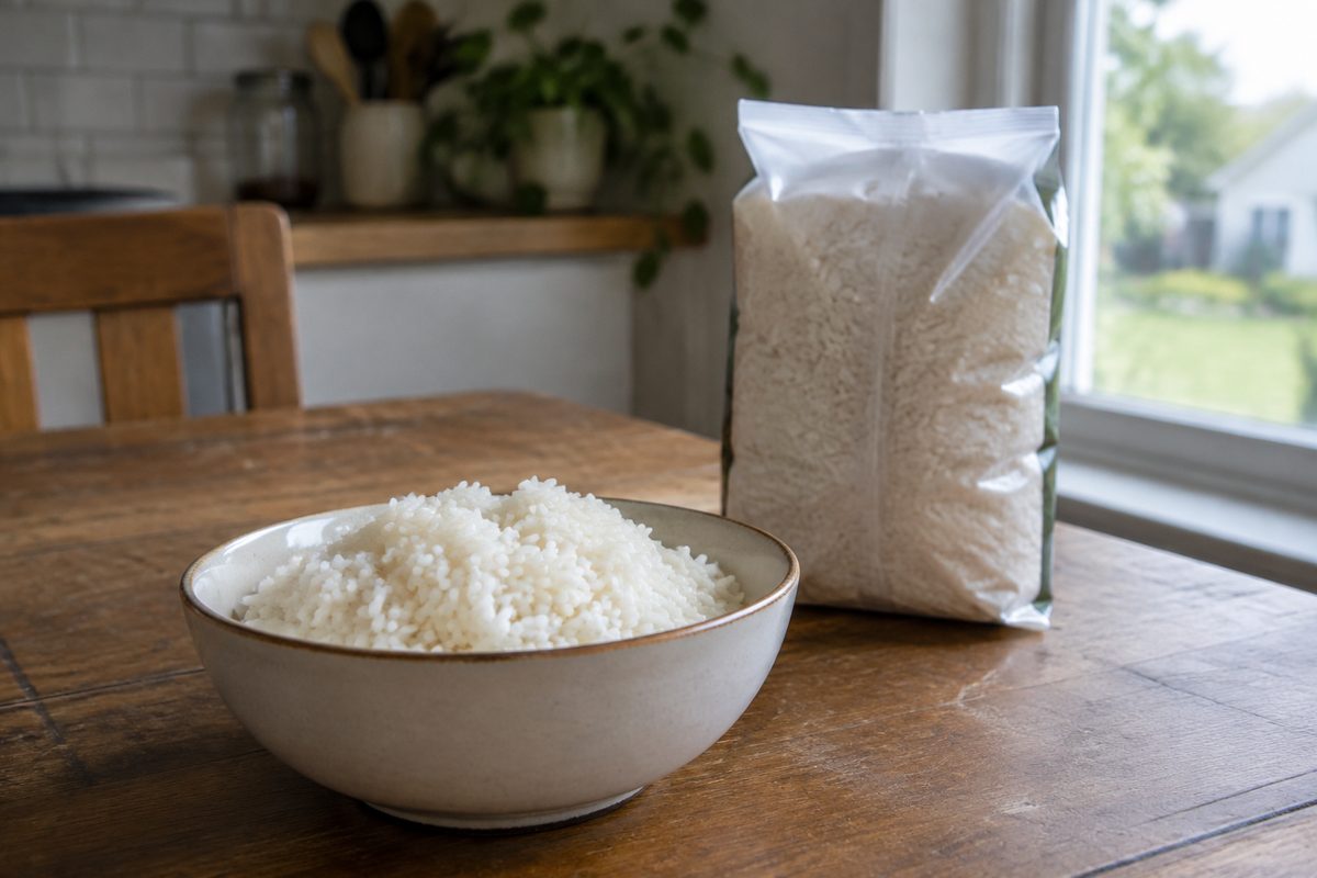 Cooked rice in a serving bowl